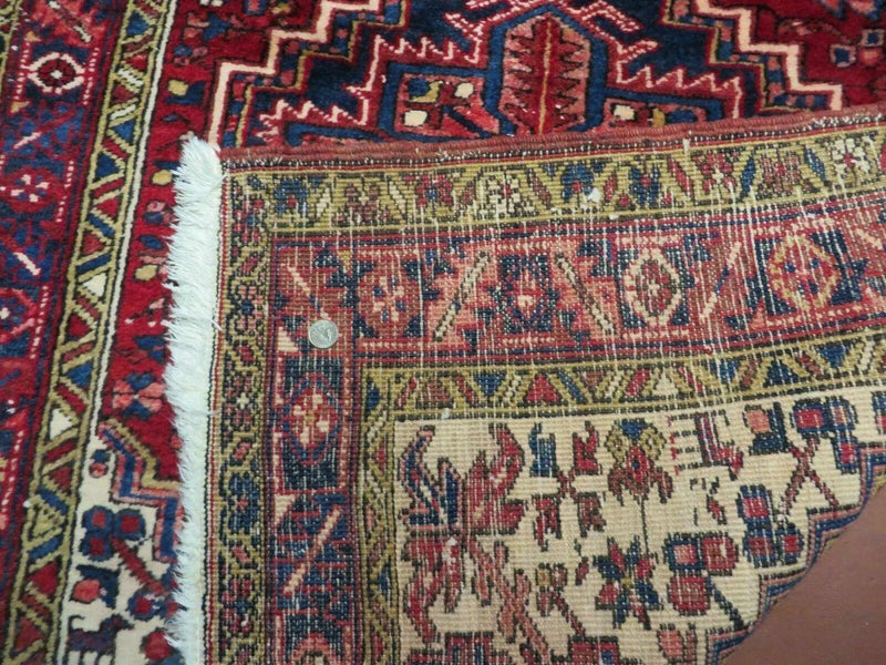 Persian Runner Rug, Heriz Runner Rug, Geometric Medallions, Red Cream Navy Blue Wool Hallway Rug 3.9 x 10.8 Antique Oriental Runner Handmade by Jewel Rugs