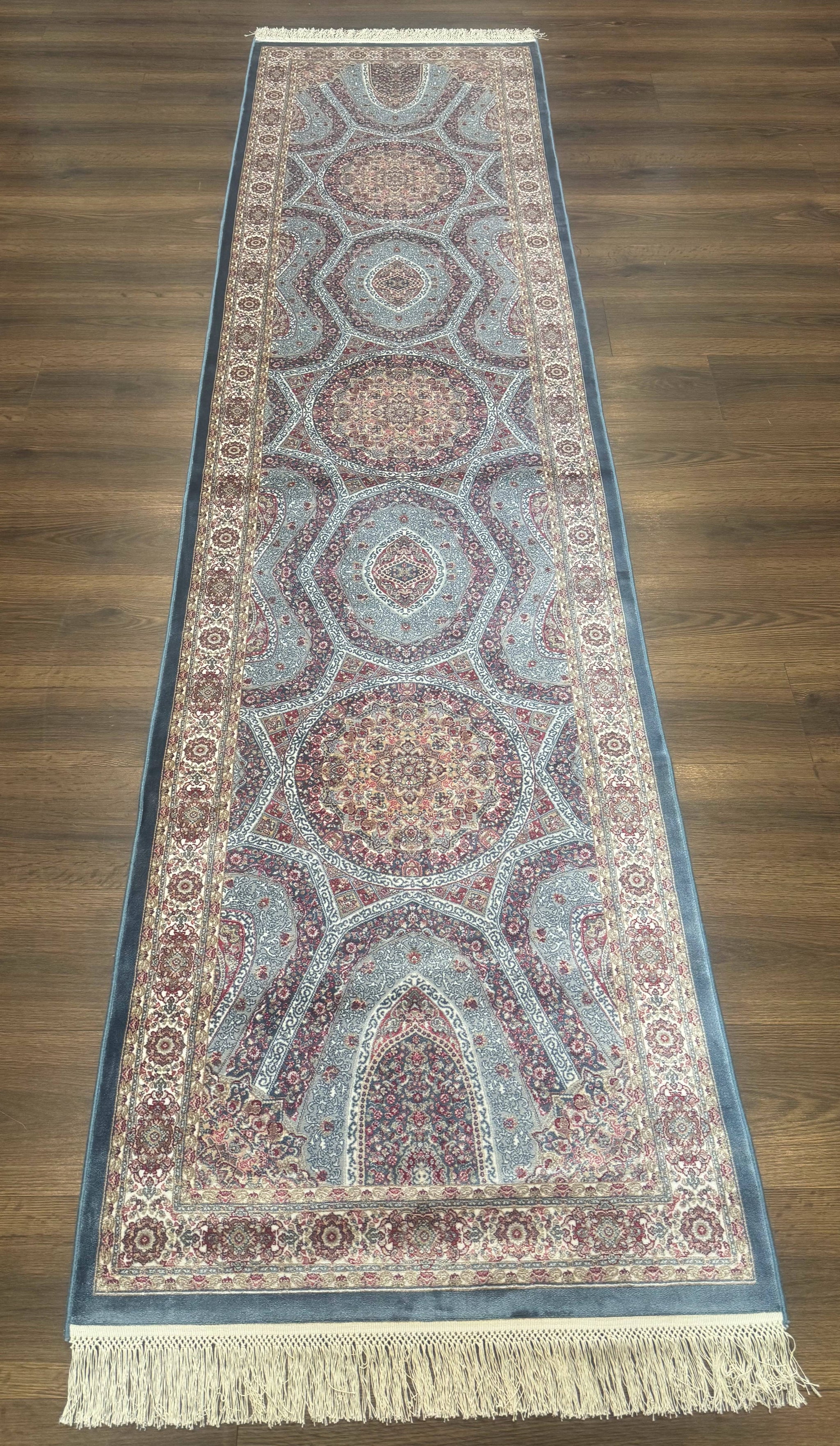 Turkish Silk Runner Rug 2.6 x 10, Light Blue Carpet, Bamboo Silk, New by Jewel Rugs