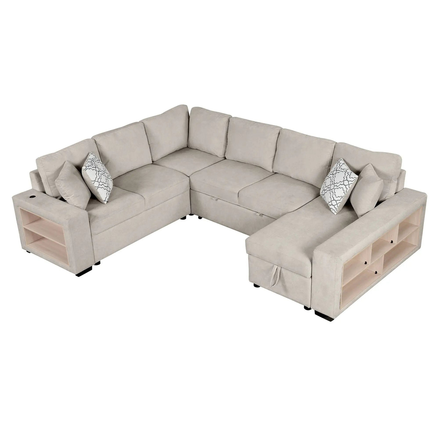 U-Shaped Sectional Sofa Pull-Out Sofa Bed With Two USB Ports, A Storage Chaise Lounge And Four Back Pillows For Living Room by Unique Piece Furniture
