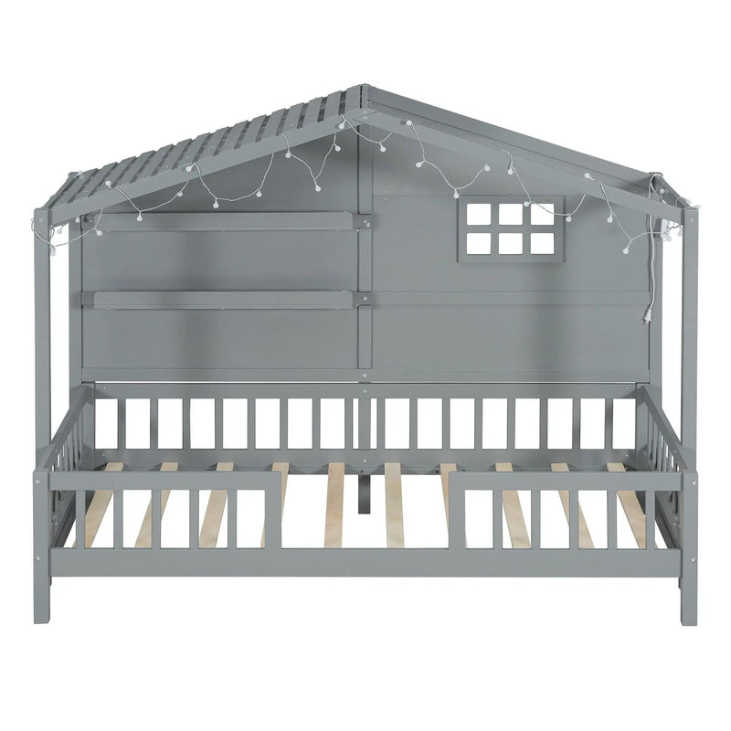 House Bed With Shelves, Window And Sparkling Light Strip On The Roof by Unique Piece Furniture