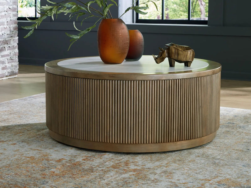 Camdill - Round Cocktail Table - Light Brown / White by Unique Piece Furniture