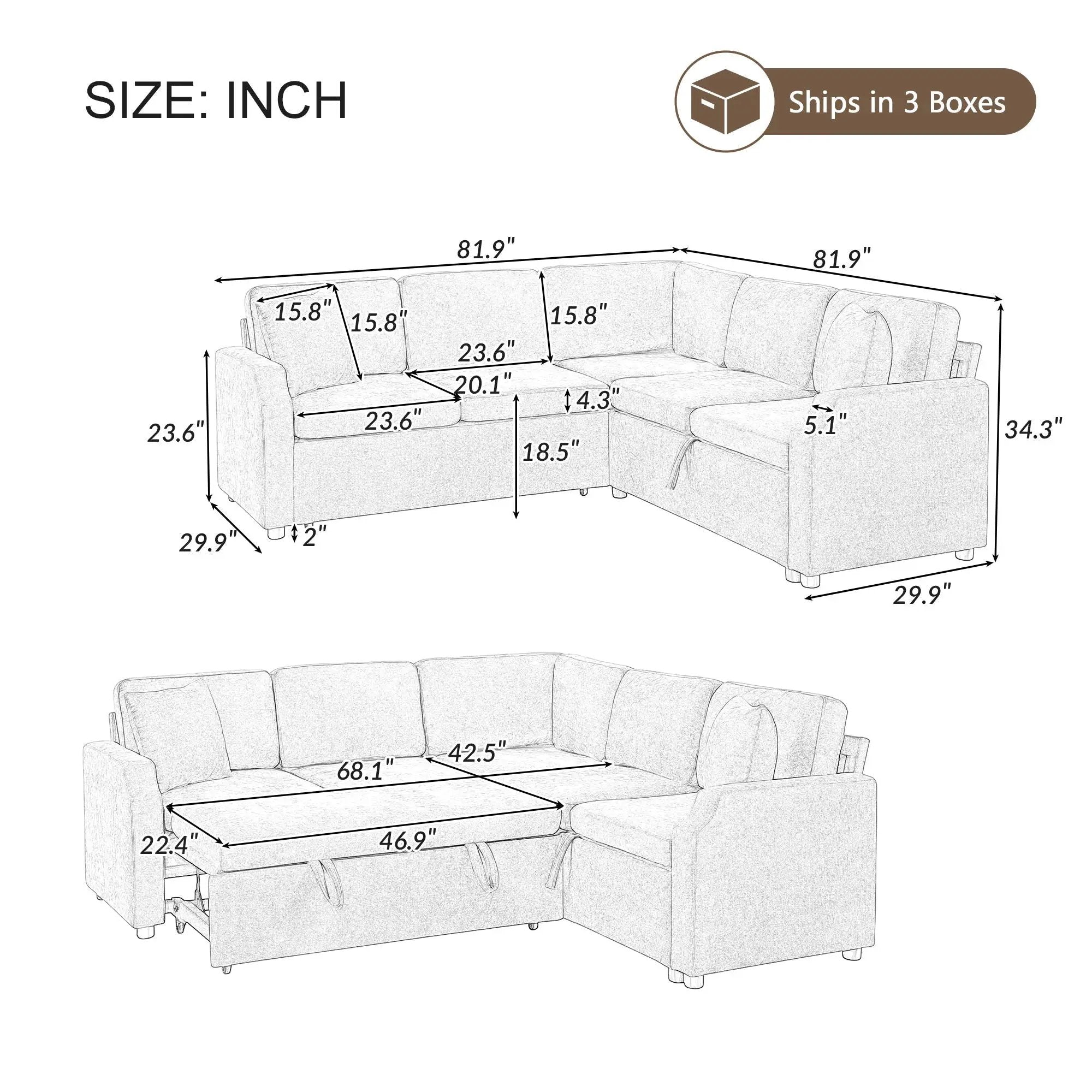 Modern L Shaped Sectional Sofa Bed With Hidden Storage Upholstery by Unique Piece Furniture
