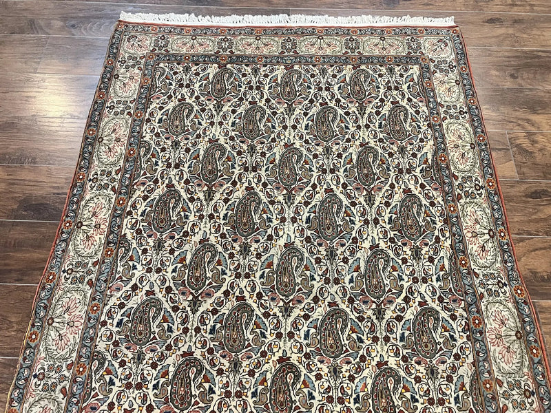 Persian Qum Rug 5x6, Cream Wool Hand Knotted Carpet, Repeated Boteh Paisely Design, Semi Antique Vintage Rug, Very Fine Weave 5 x 6 Rug by Jewel Rugs