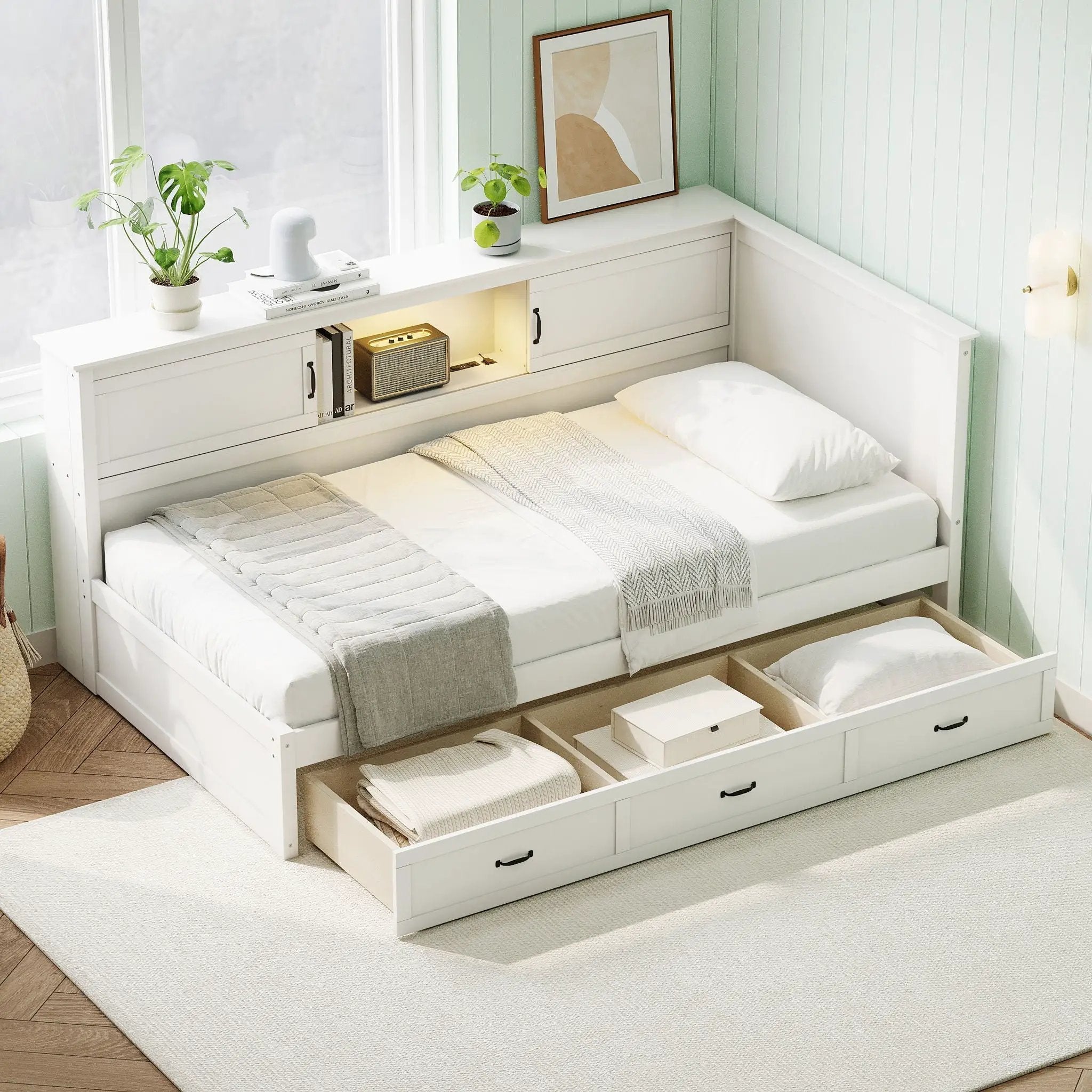 Twin Size L - Shaped Captain Bed With Drawer And Bookcase, LED Downlight And USB Charging Station - White by HouseOfZazla