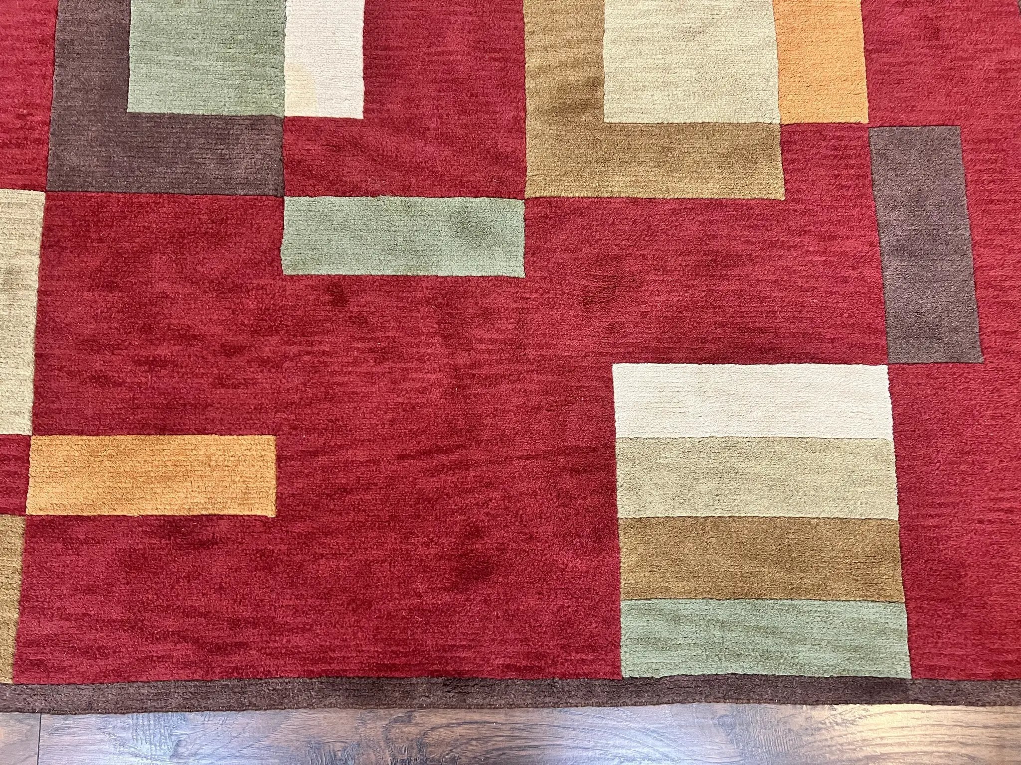 Indo Tibetan Modern Rug 5x8, Abstract Rug 5 x 8 ft, Red Multicolor Wool Handmade Contemporary Area Rug by Jewel Rugs
