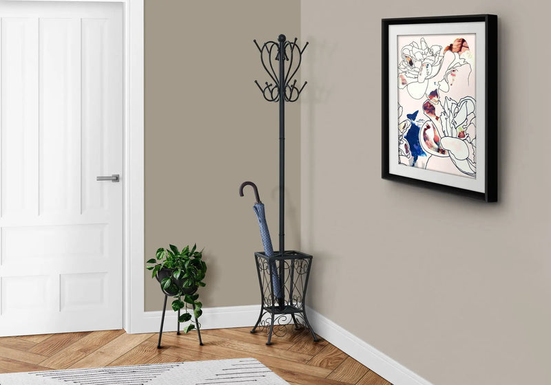 Coat Rack, Hall Tree, Free Standing, 8 Hooks, Entryway, Umbrella Holder, Transitional - Black by Unique Piece Furniture