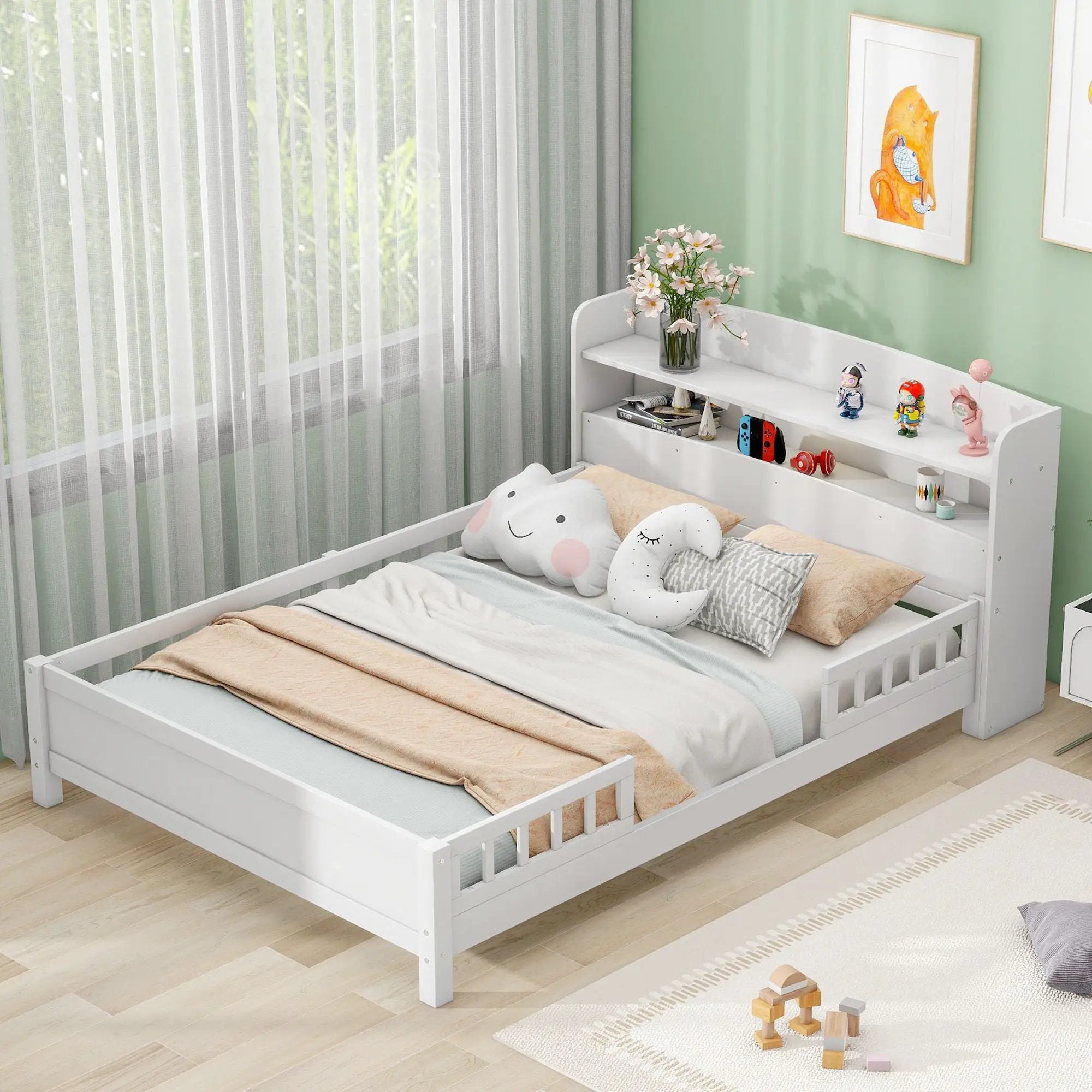 Wood Platform Bed With Built In LED Light, Storage Headboard And Guardrail