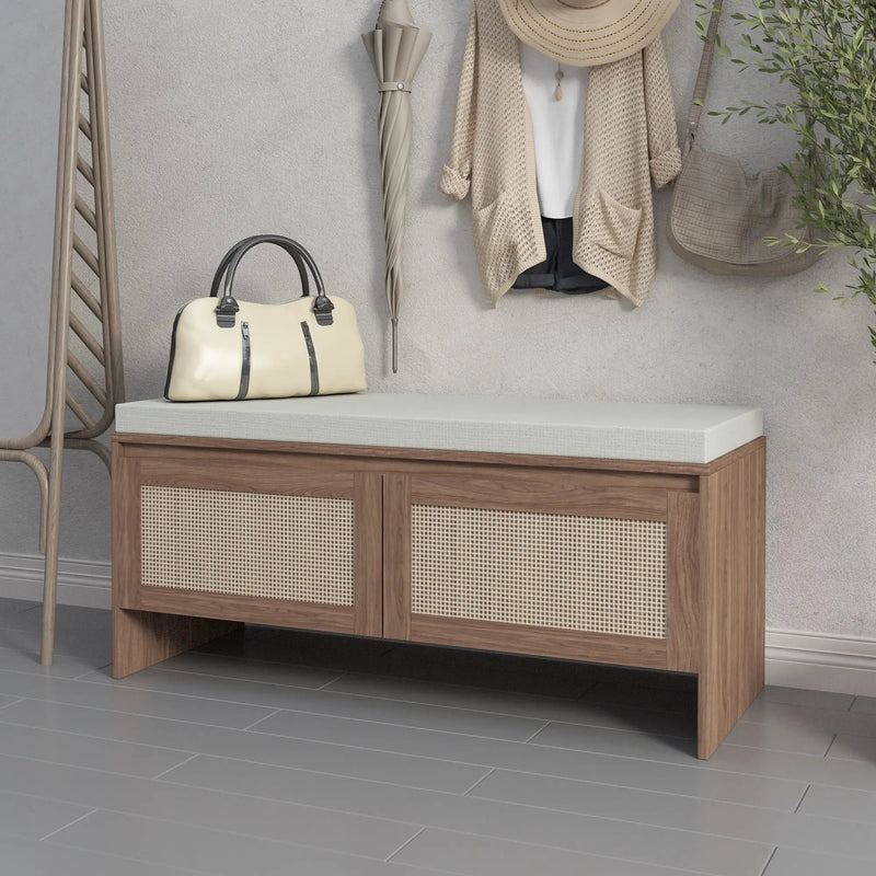 Storage Bench With Cushion, Shoe Cabinet With 2 Doors - Antique Natural / Rattan by Unique Piece Furniture