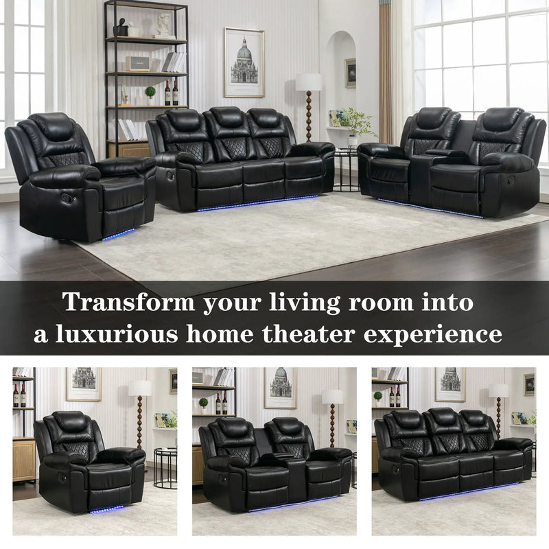 Home Theater Seating Manual Recliner Loveseat With Hide-Away Storage, Cup Holders And Led Light Strip For Living Room by Unique Piece Furniture