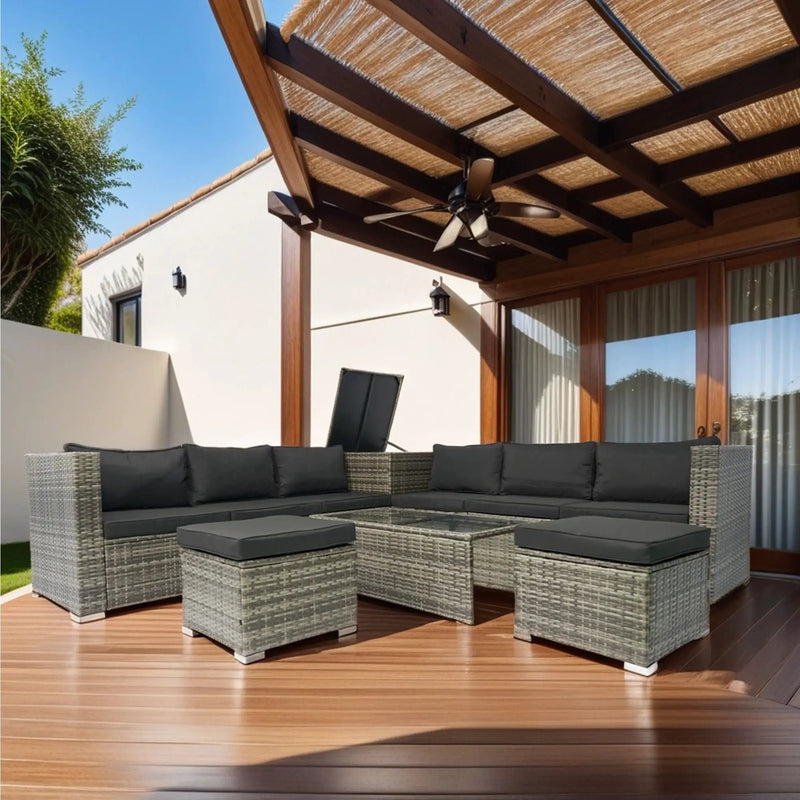 8 Piece Patio Sectional Wicker Rattan Outdoor Furniture Sof Set With One Storage Box Under Seat And Cushion Box - Gray / Black by HouseOfZazla