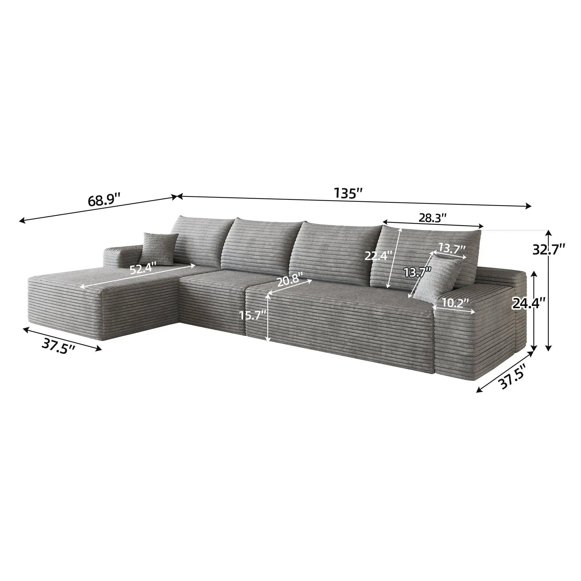135" Cloud Sectional Couch with L-Shape Chaise by HouseOfZazla