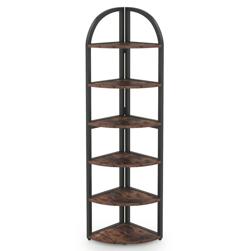 Tall 6 Tier Corner Shelf, Freestanding Bookshelf For Living Room - Rustic Brown by HouseOfZazla