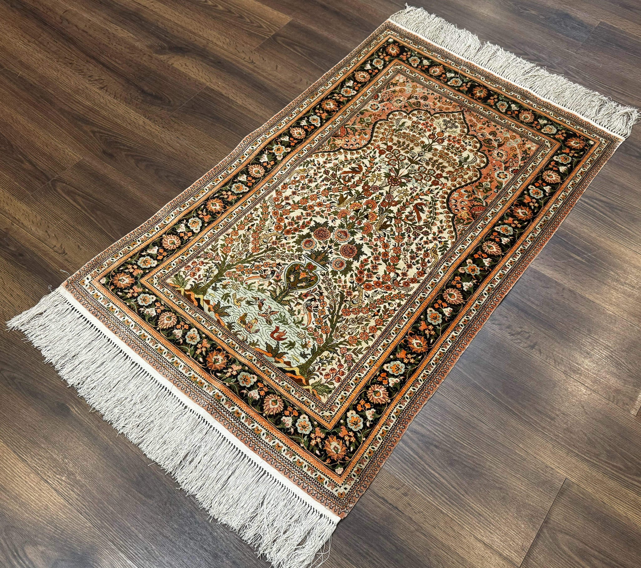 Exceptional Silk Rug 2.6 x 4, Very Fine 630 KPSI, Persian Vase Tree of Life Bird Pictorials, Handmade by Jewel Rugs