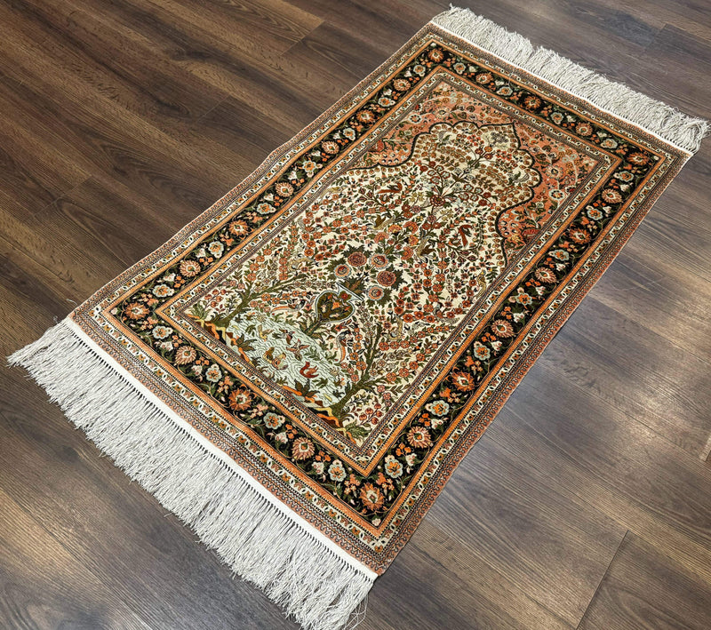 Exceptional Silk Rug 2.6 x 4, Very Fine 630 KPSI, Persian Vase Tree of Life Bird Pictorials, Handmade by Jewel Rugs