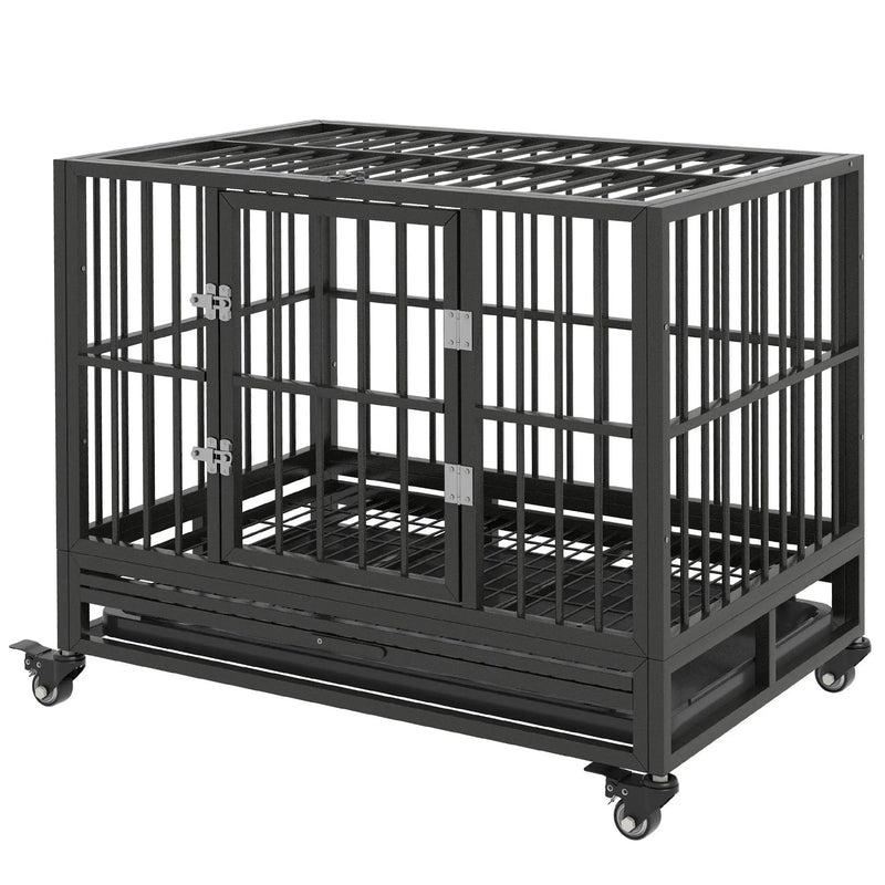 Pawhut - 36" Heavy Duty Dog Crate Metal Cage Kennel With Lockable Wheels, Double Door And Removable Tray - Gray by HouseOfZazla