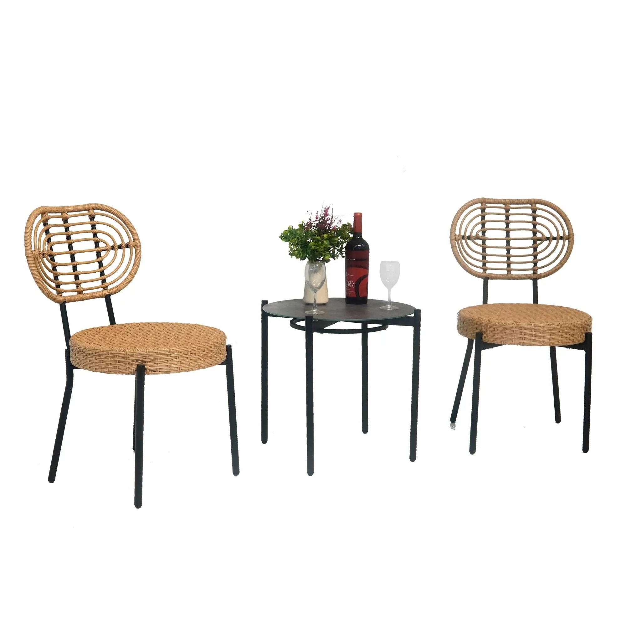 3 Pieces Of Luxury Outdoor Wicker Furniture Patio Bistro Style Table And Chair Combination, Weather Resistant PE Wicker Weave, Suitable For Garden - Black / Natural by HouseOfZazla