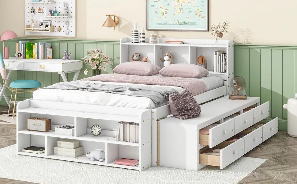 Bed With Bookcase Headboard, Under Bed Storage Drawers And Bed End Storage Case by Unique Piece Furniture