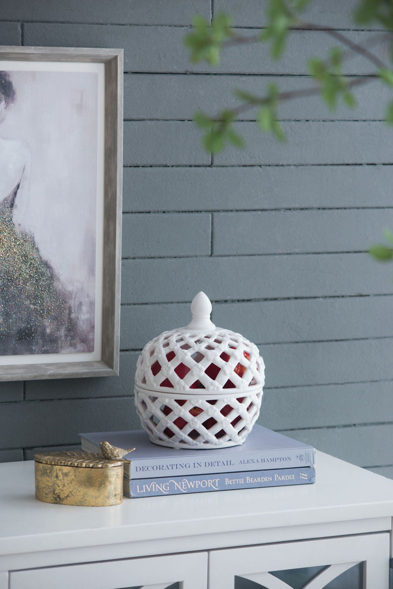 Ceramic Lidded Jar With Lattice Design - White by HouseOfZazla