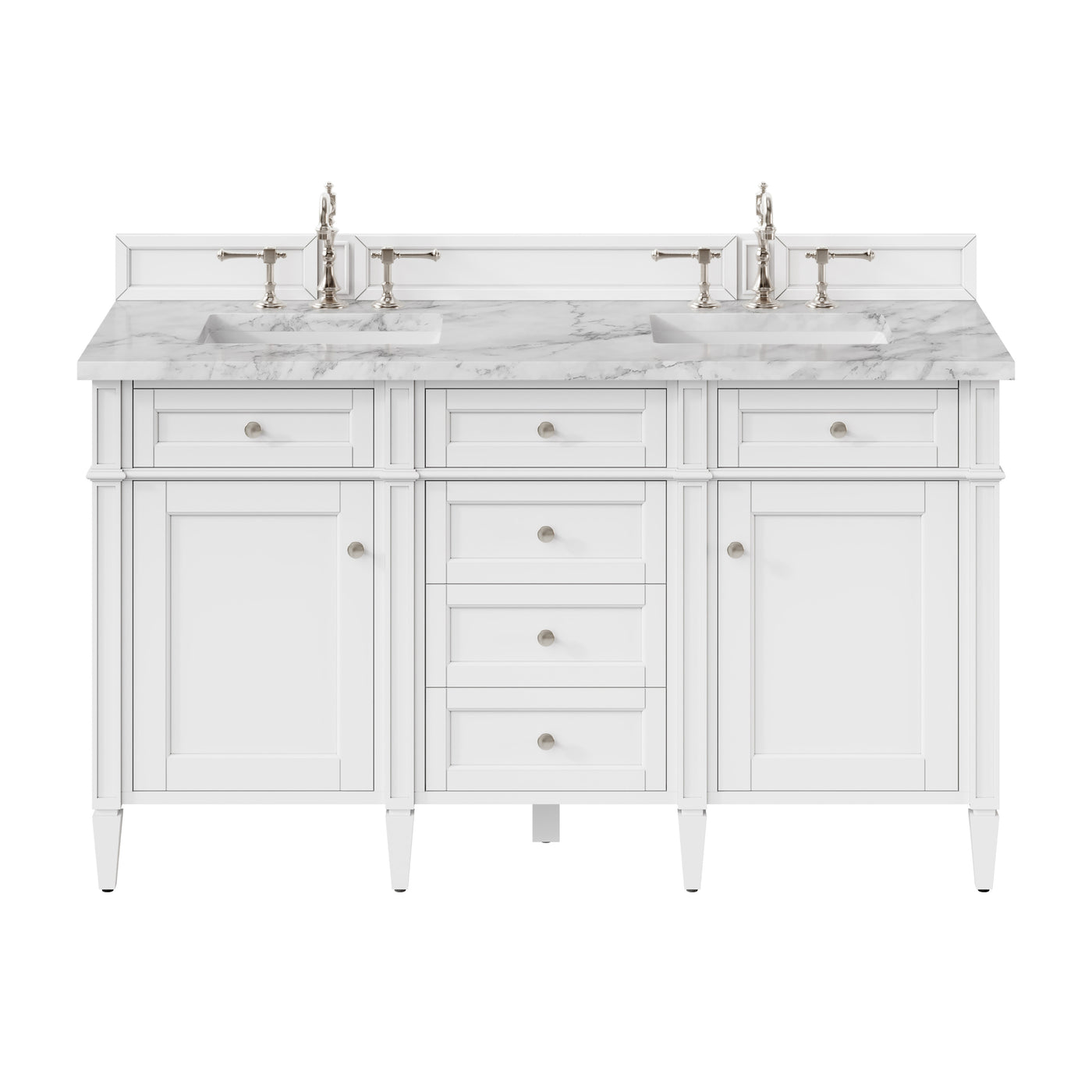 James Martin Brittany 60" Double Bathroom Vanity, Bright White with Carrara White countertop
