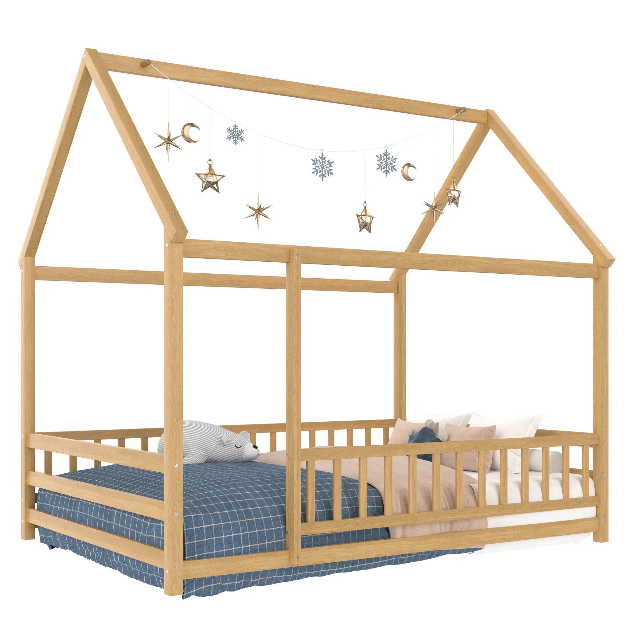 Full Size Floor Wooden Bed with House Roof Frame by HouseOfZazla