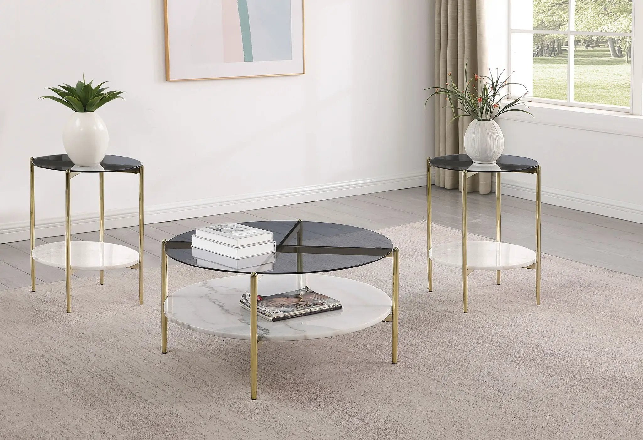 Jonelle 3-piece Round Coffee and End Table Set Gold by Unique Piece Furniture
