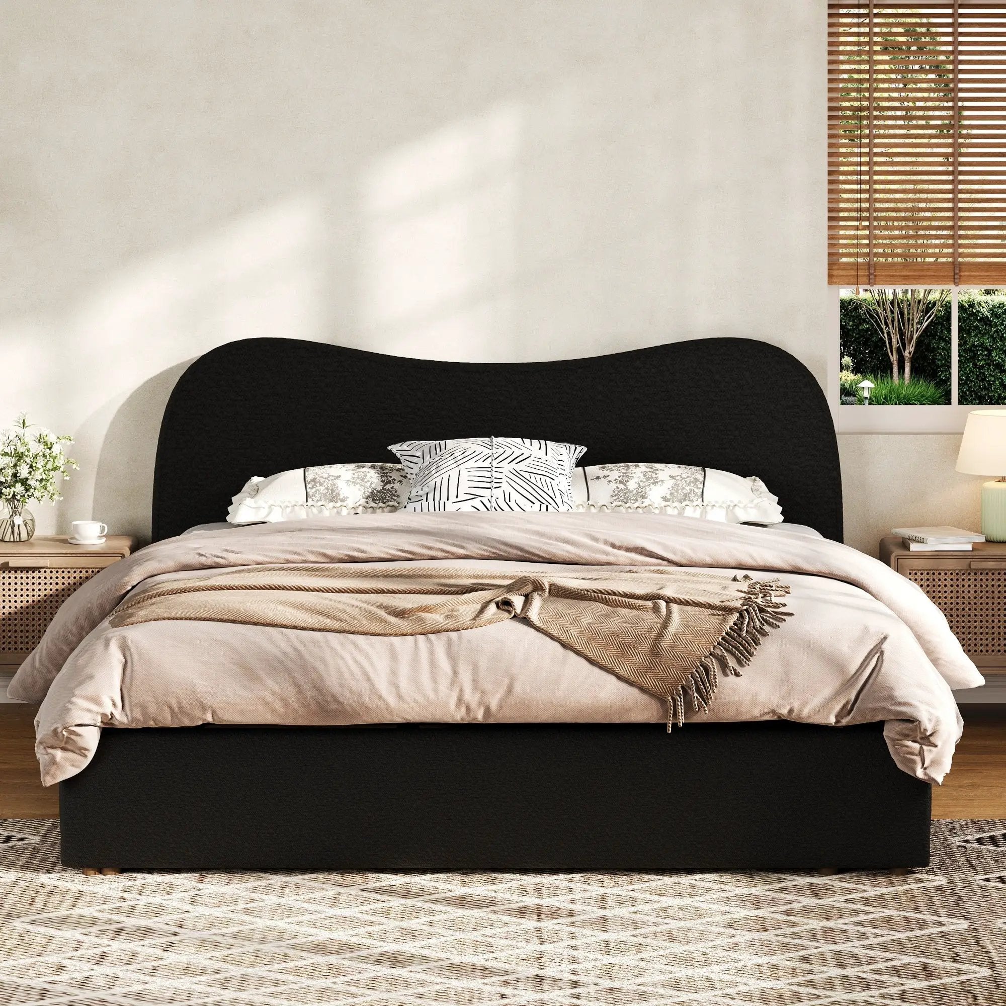 King Size Upholstered Platform Bed with Wooden Slats by HouseOfZazla