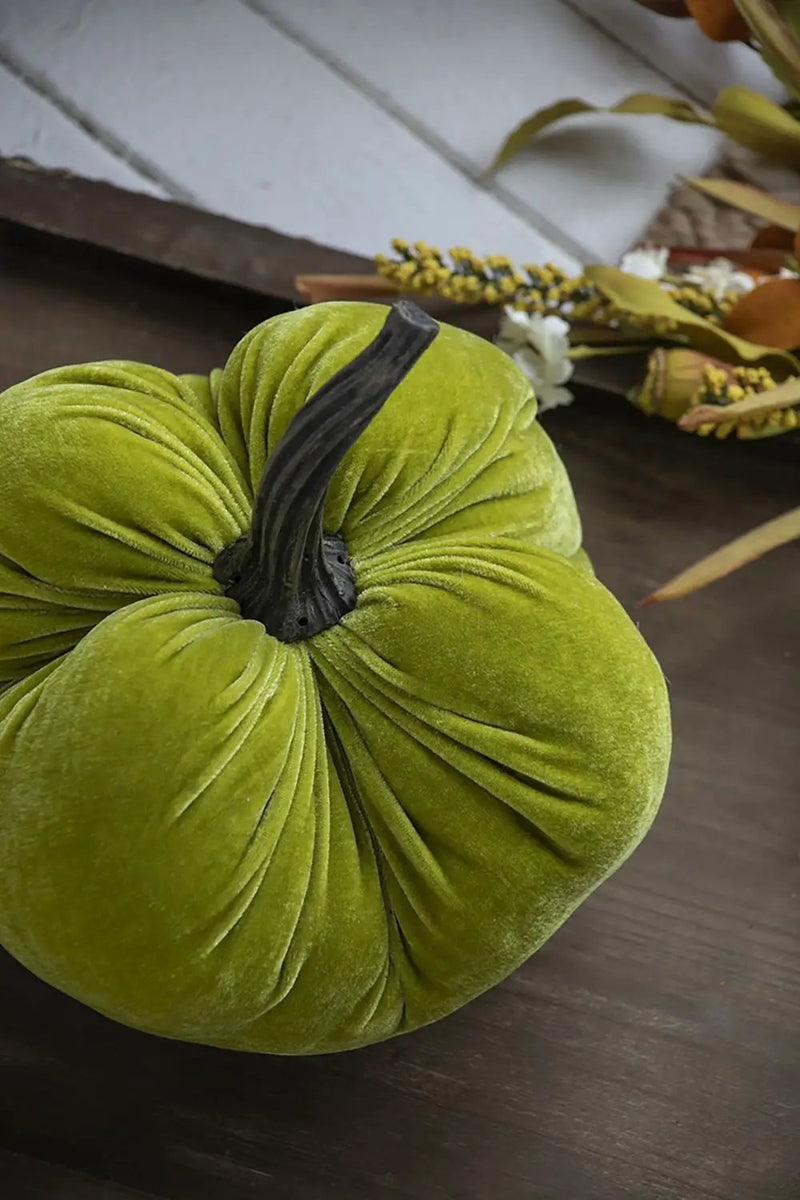Velvet Weighted Pumpkin With Resin Stem Apple, Pumpkin Ornament Decor For Holiday Harvest Festival Fall Festival & Thanksgiving (Set of 2) - Green by Unique Piece Furniture