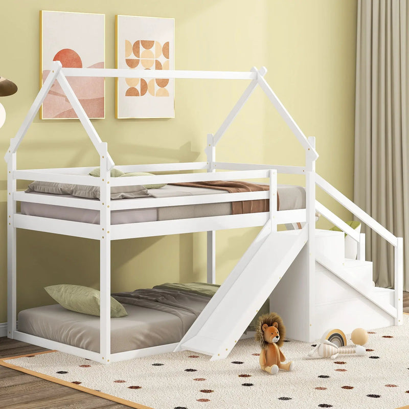 Twin Over Twin House Loft Or Bunk Bed With Slide And Staircase by Unique Piece Furniture