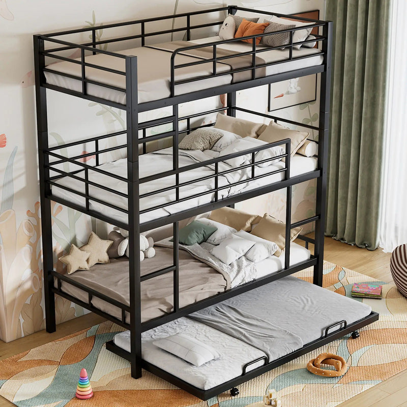 Triple Bunk Bed With Trundle, Heavy Duty Steel Construction by Unique Piece Furniture