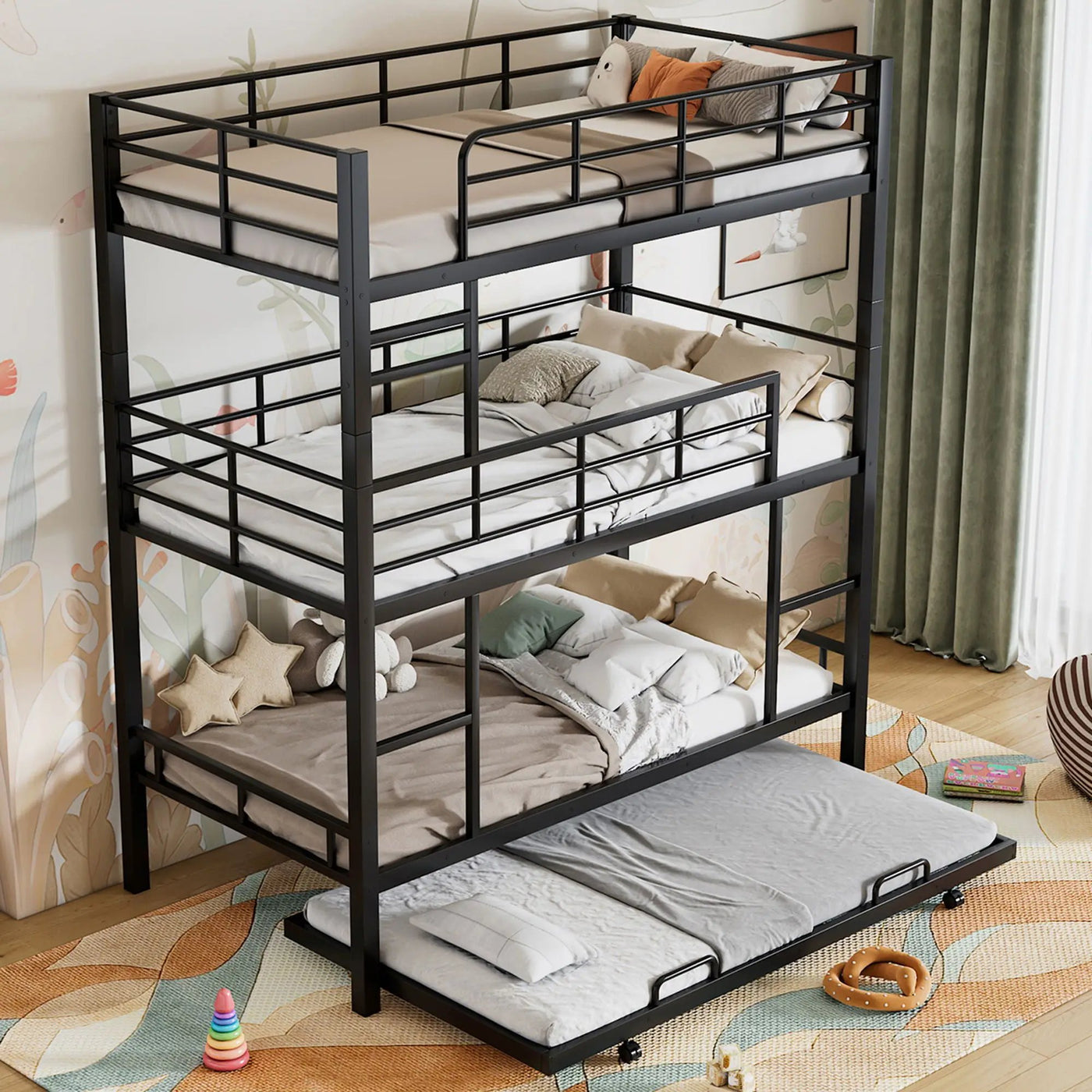 Triple Bunk Bed With Trundle, Heavy Duty Steel Construction by Unique Piece Furniture