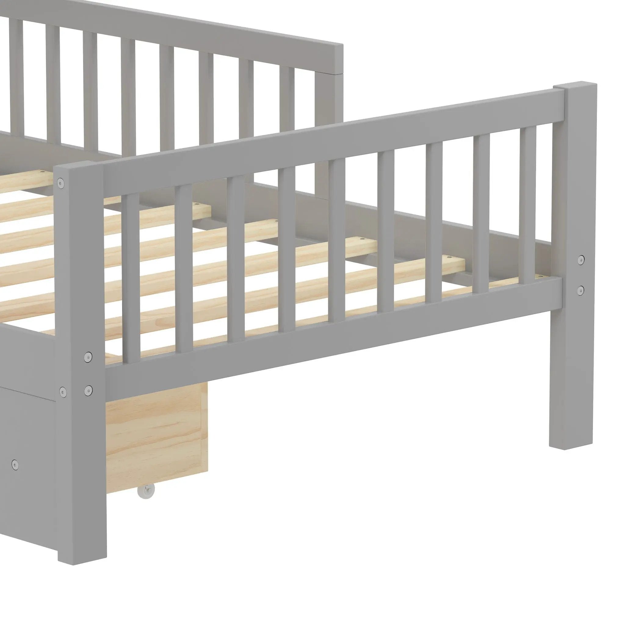Bed With Headboard Storage Rack, 2 Under Bed Drawers, 3 Side Guardrails For Safety by HouseOfZazla
