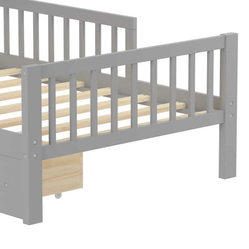 Bed With Headboard Storage Rack, 2 Under Bed Drawers, 3 Side Guardrails For Safety by HouseOfZazla