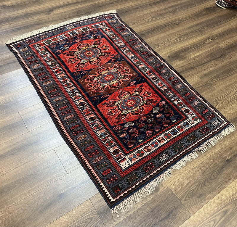 Antique Caucasian Seychour Rug 3.7 x 5.5, Collectible Oriental Carpet, Navy Blue and Red, Fine Kuba Rug, Vintage Rug, Wool Hand Knotted Rug by Jewel Rugs