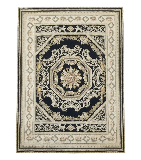 Aubusson Rug 6x8, European Design, Lion Pictorials, Black