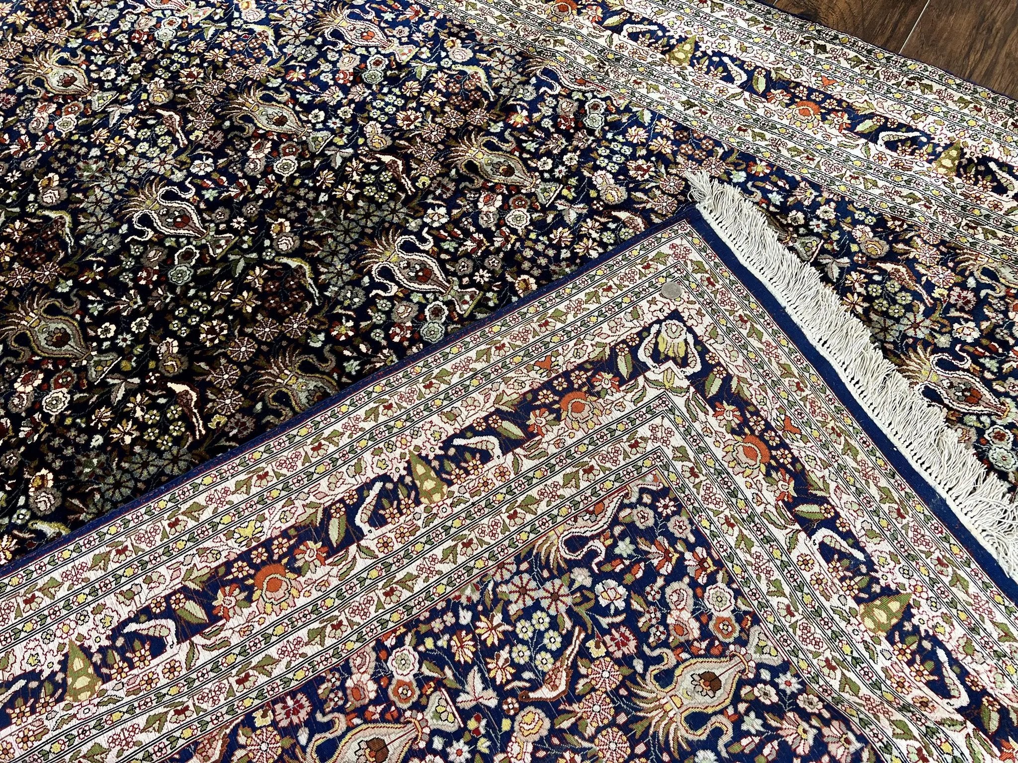 Silk Indian Kashmiri Rug 5x7, Navy Blue Indo Persian Silk Carpet 5 x 7 ft, Hand Knotted Handmade Very Fine Oriental Carpet, 450 KPSI, Birds by Jewel Rugs