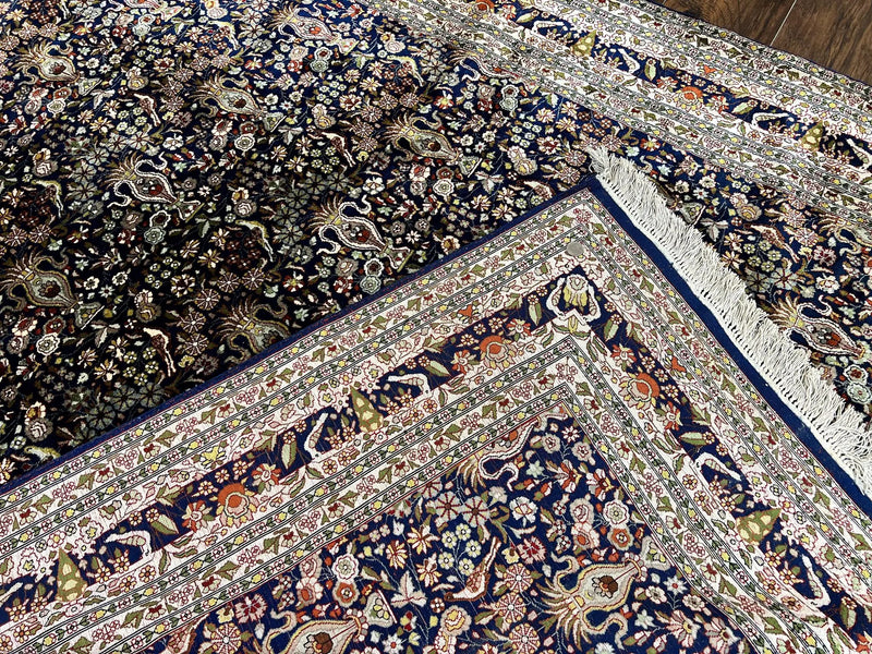 Silk Indian Kashmiri Rug 5x7, Navy Blue Indo Persian Silk Carpet 5 x 7 ft, Hand Knotted Handmade Very Fine Oriental Carpet, 450 KPSI, Birds by Jewel Rugs
