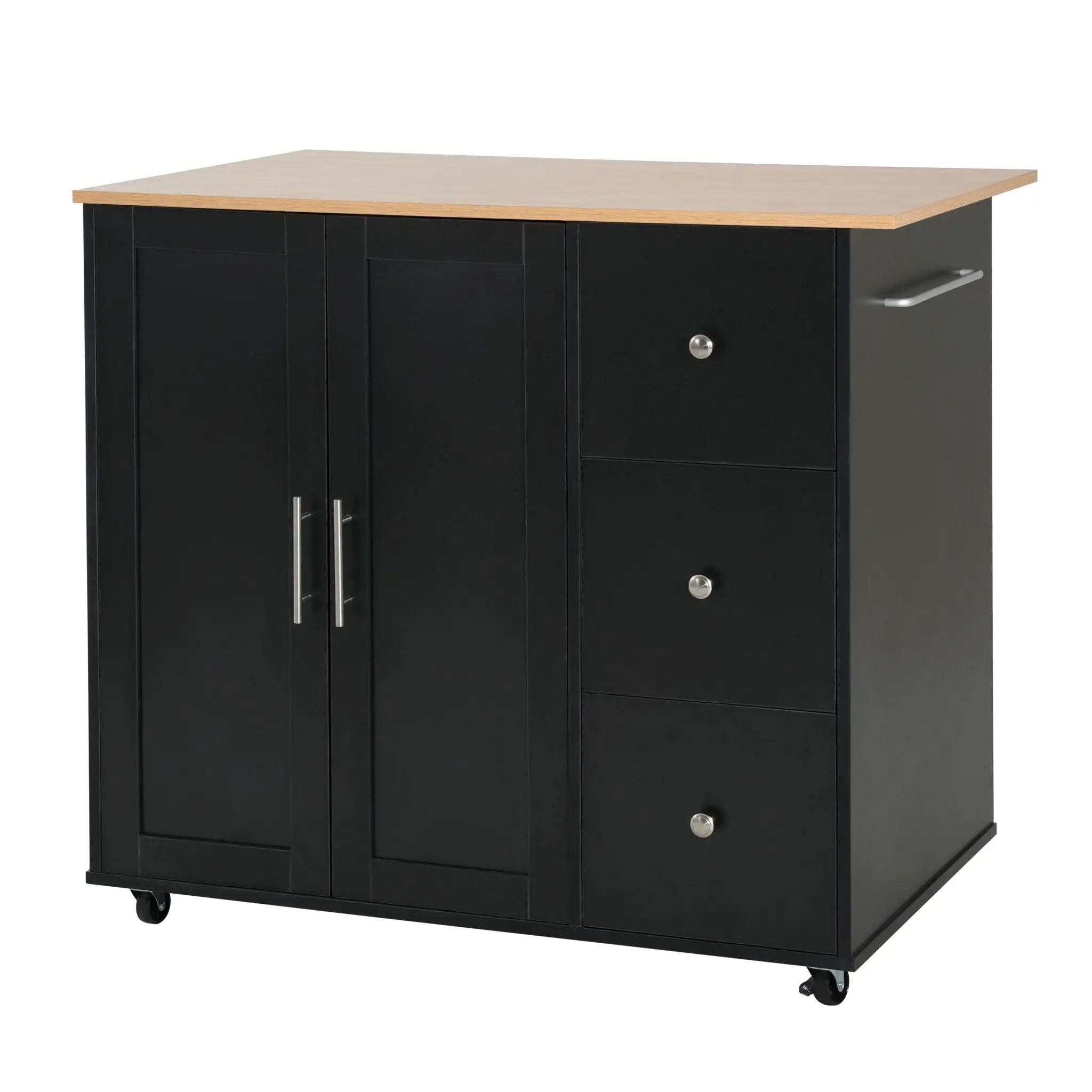Mobile Kitchen Cart With Storage With 2 Doors, 3 Drawers & Adjustable Shelf - Black / Natural by HouseOfZazla