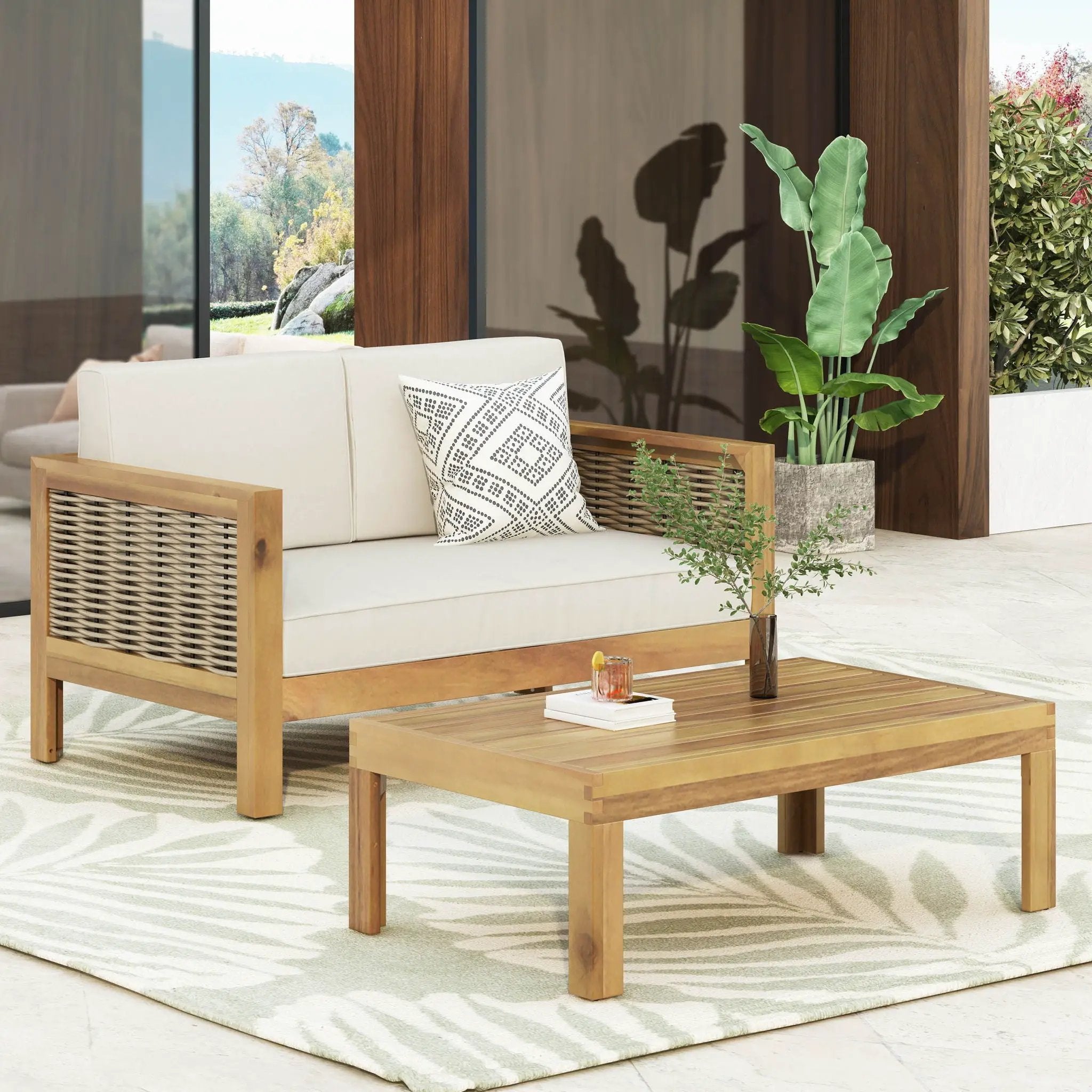 Outdoor Patio Set with Coffee Table and Loveseat - Teak Beige by HouseOfZazla