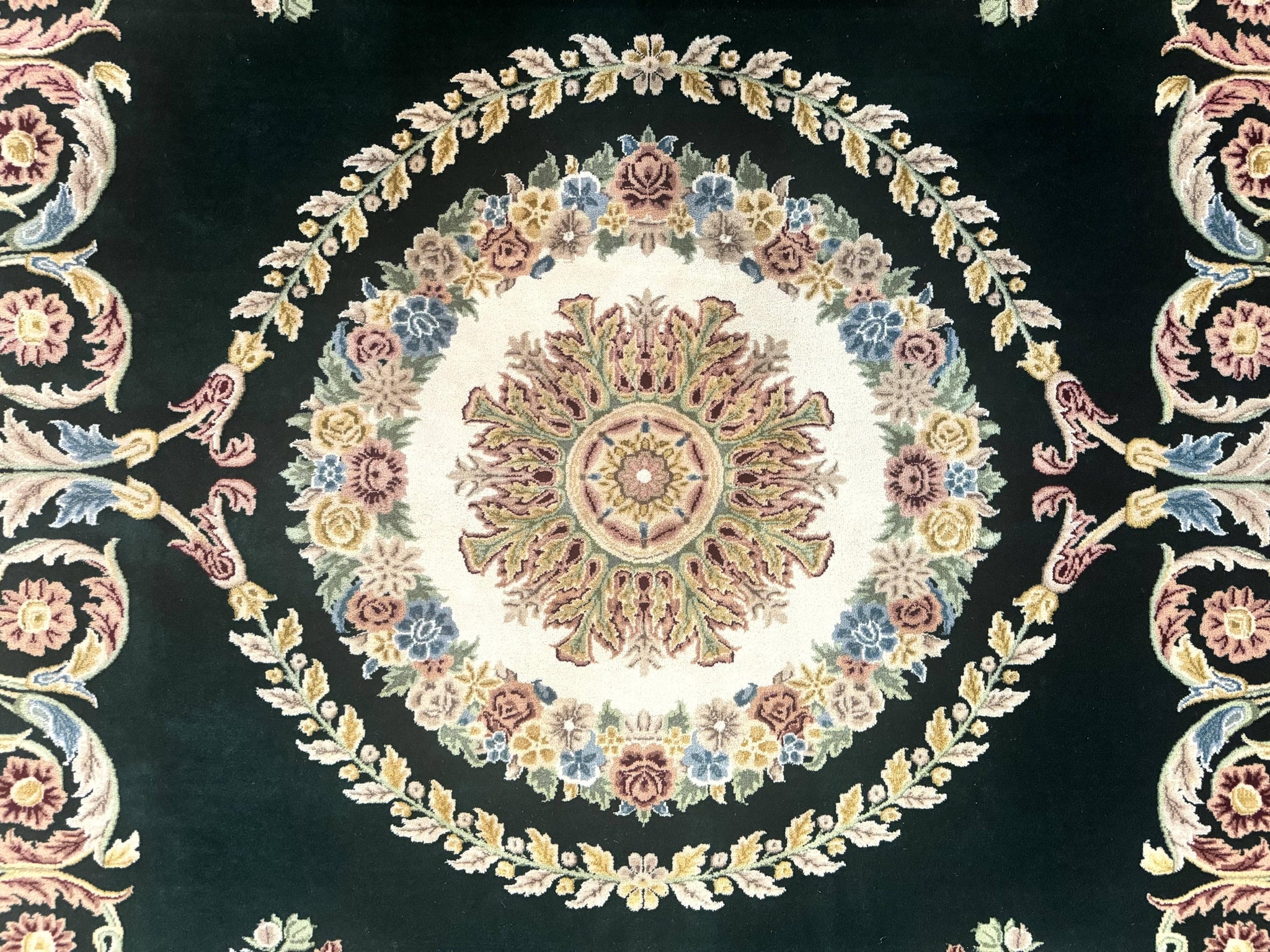 Aubusson Rug 9x12, Dark Green, European Design, Vintage Fine Handmade Carpet, Elegant by Jewel Rugs