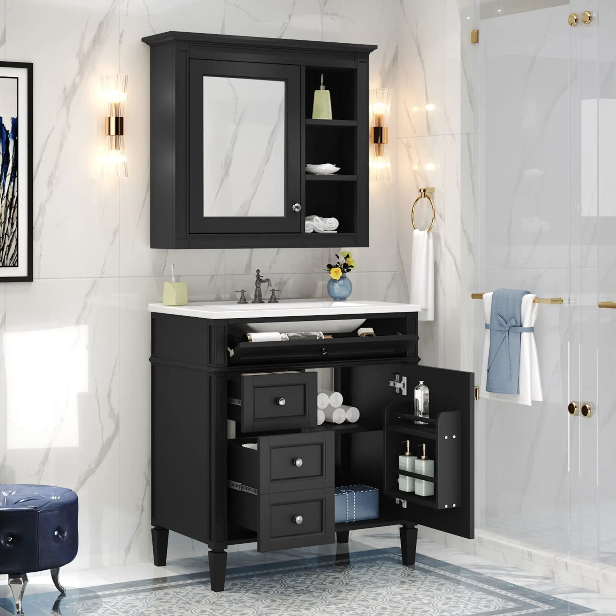 Bathroom Vanity With Medicine Cabinet, Royal Mirror Cabinet, Modern Bathroom Storage Cabinet With 2 Soft Closing Doors And 4 Drawers by HouseOfZazla