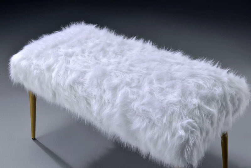 Bagley II Faux Fur Bench - White / Gold by HouseOfZazla