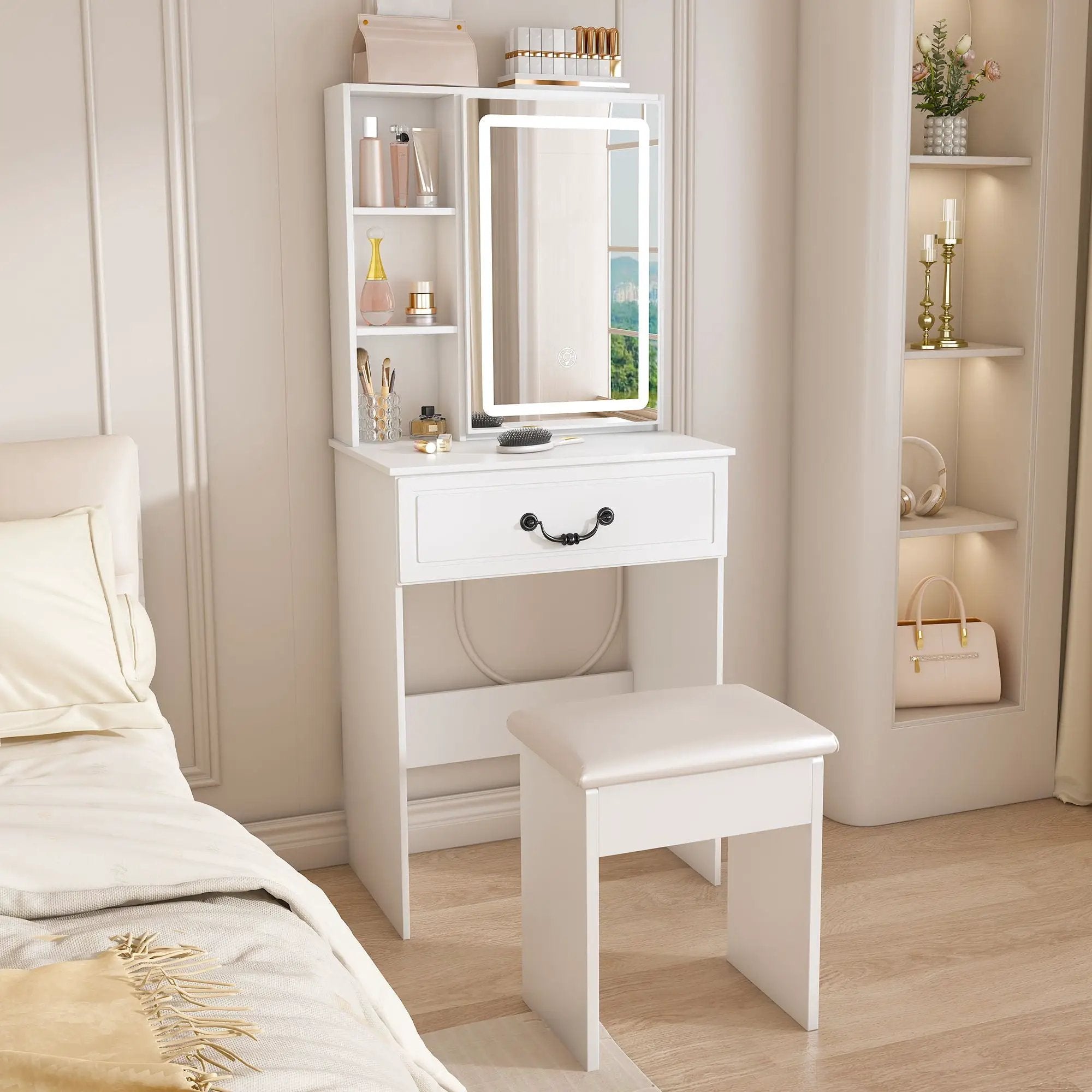 Modern Mini Dressing Table With Led-Lit Mirror & Hidden Storage, Adjustable Brightness Vanity Desk - White by Unique Piece Furniture