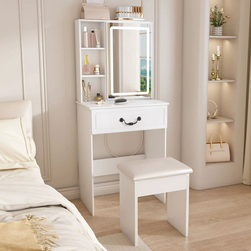 Modern Mini Dressing Table With Led-Lit Mirror & Hidden Storage, Adjustable Brightness Vanity Desk - White by Unique Piece Furniture