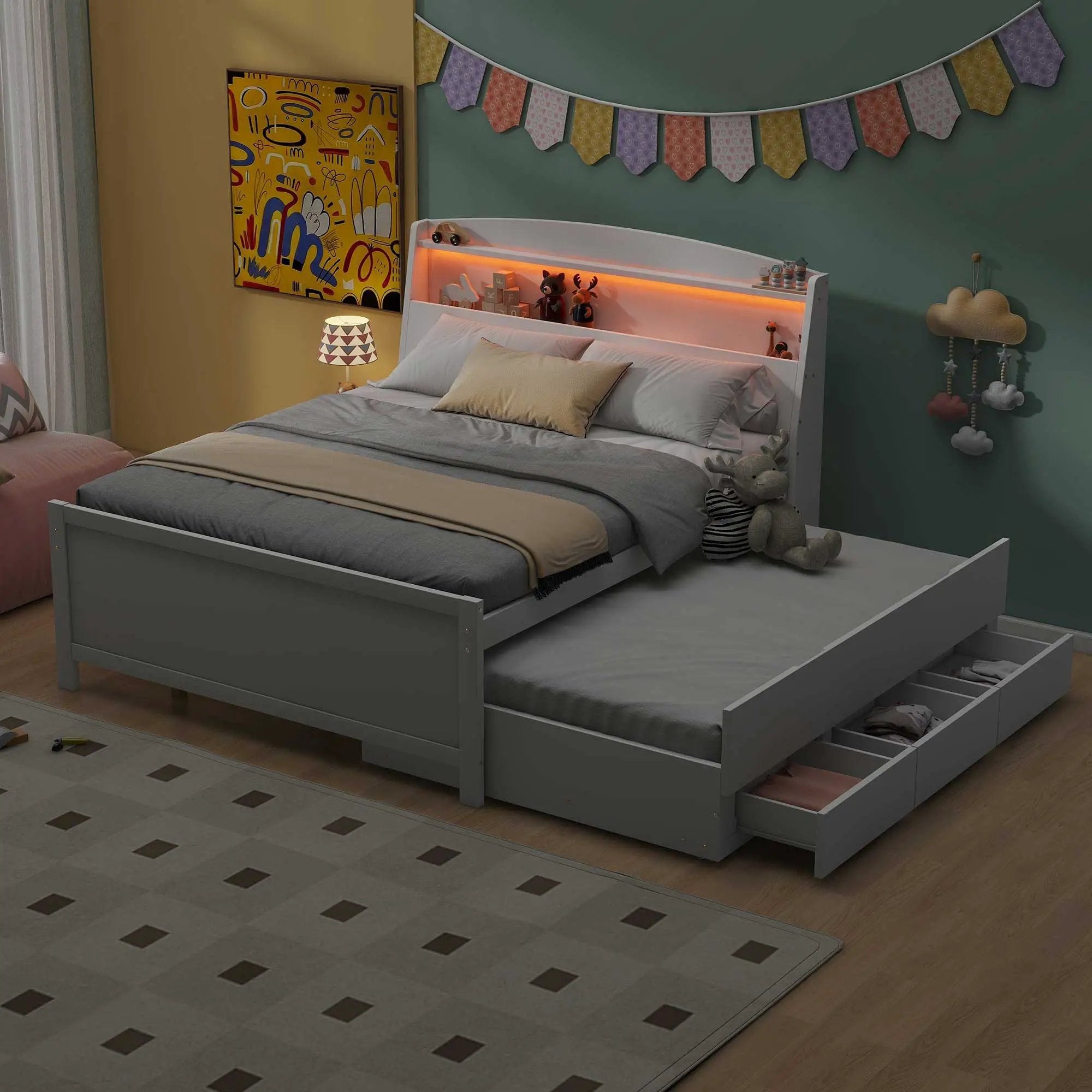 Full Size Platform Bed With Storage LED Headboard, Twin Trundle And 3 Drawers - White by Unique Piece Furniture