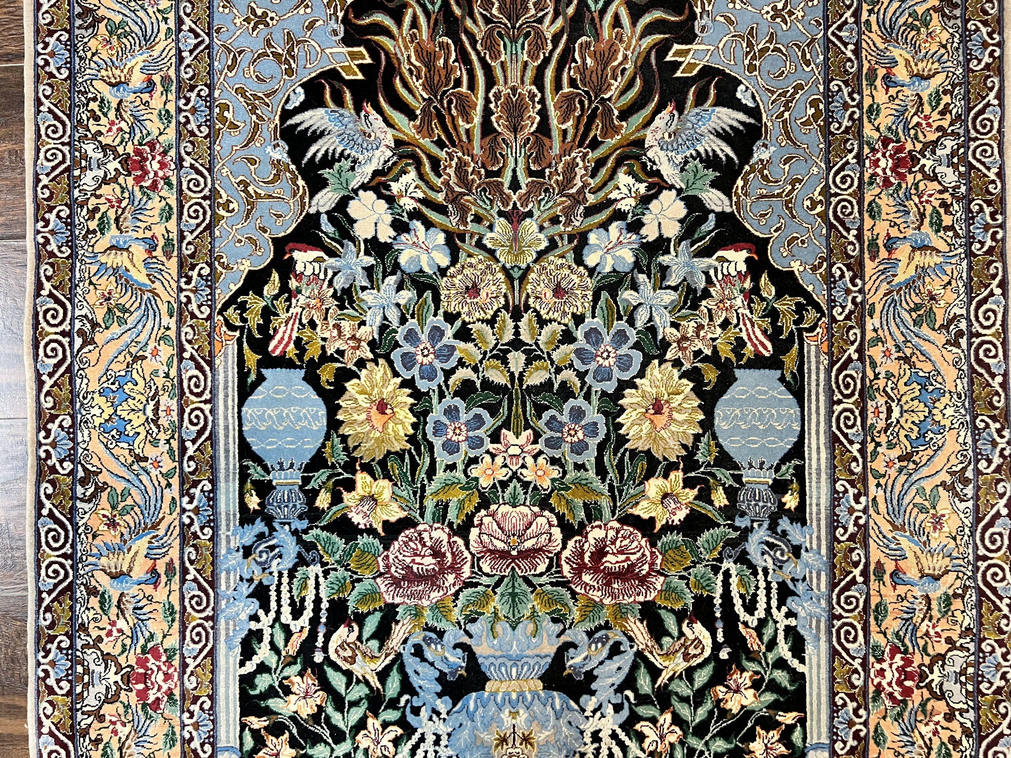 Wonderful Persian Isfahan Rug 3.7 x 5, Kork Wool on Silk Foundation, Very Fine 460 KPSI, Tree of Life Persian Vase Design Animal Pictorials Peacocks by Jewel Rugs