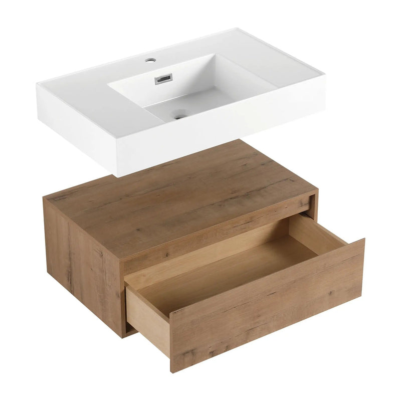 Wall Mounted Bathroom Vanity With Resin Sink And Soft Close Drawer In Imitative - Imitative Oak by HouseOfZazla