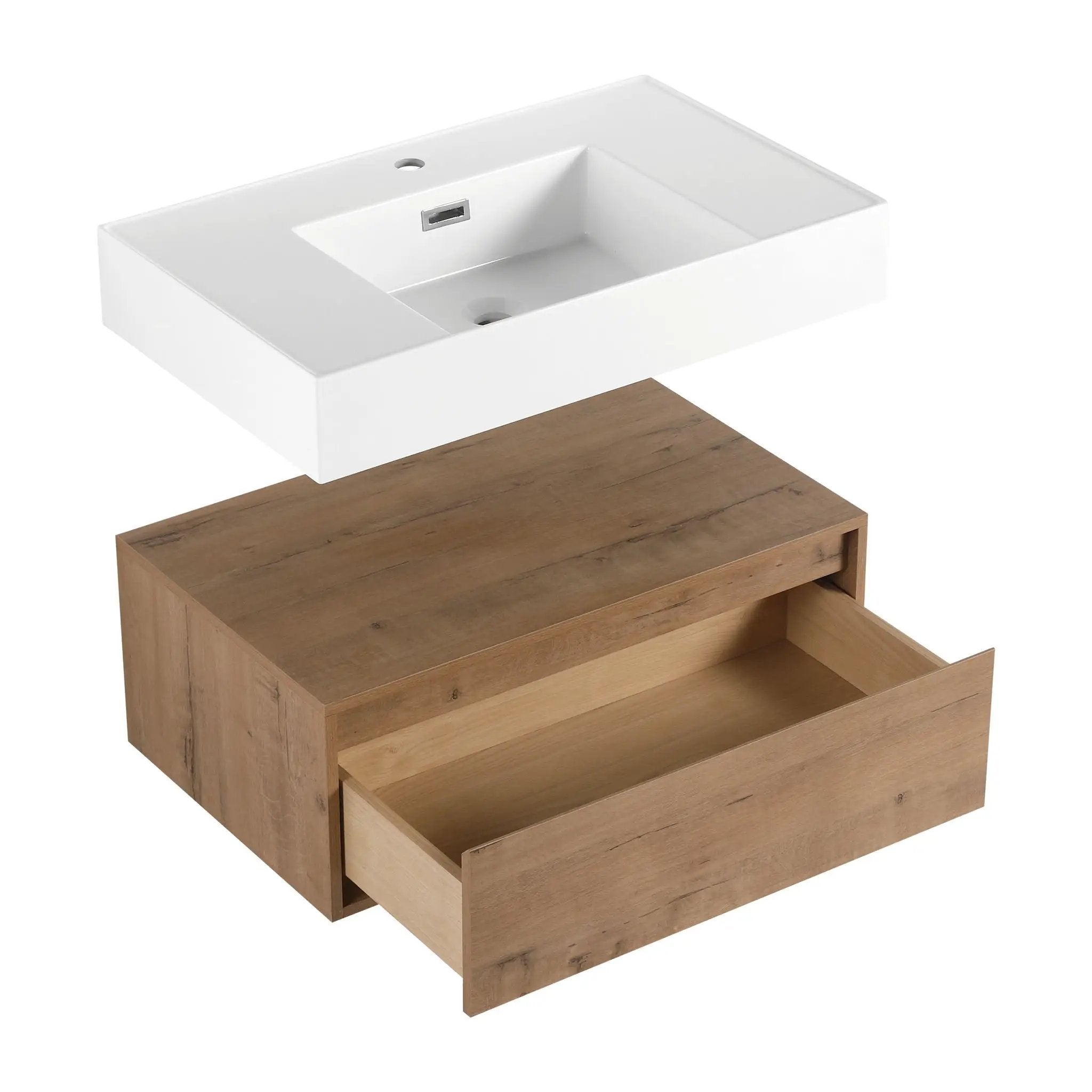 Modern Imitative Wall Mounted Bathroom Vanity With Resin Sink & 2 Side Cabinet, Soft Close Drawer - Imitative Oak by HouseOfZazla
