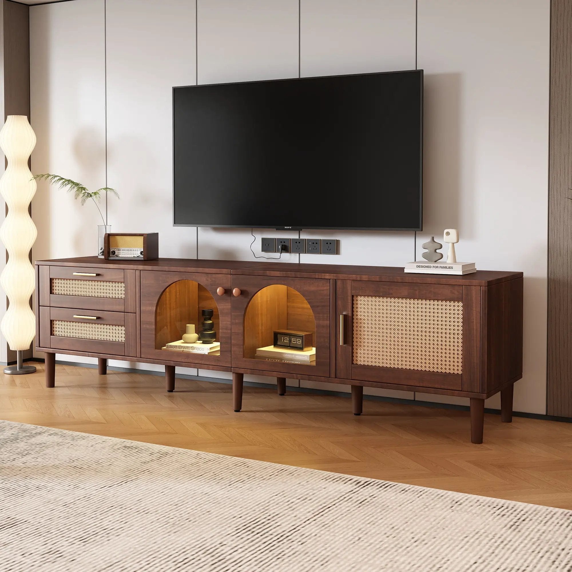 TV Stand With 3 Cabinets & 2 Drawers, LED Light Media Console For TVs Up To 80" - Dark Brown by HouseOfZazla