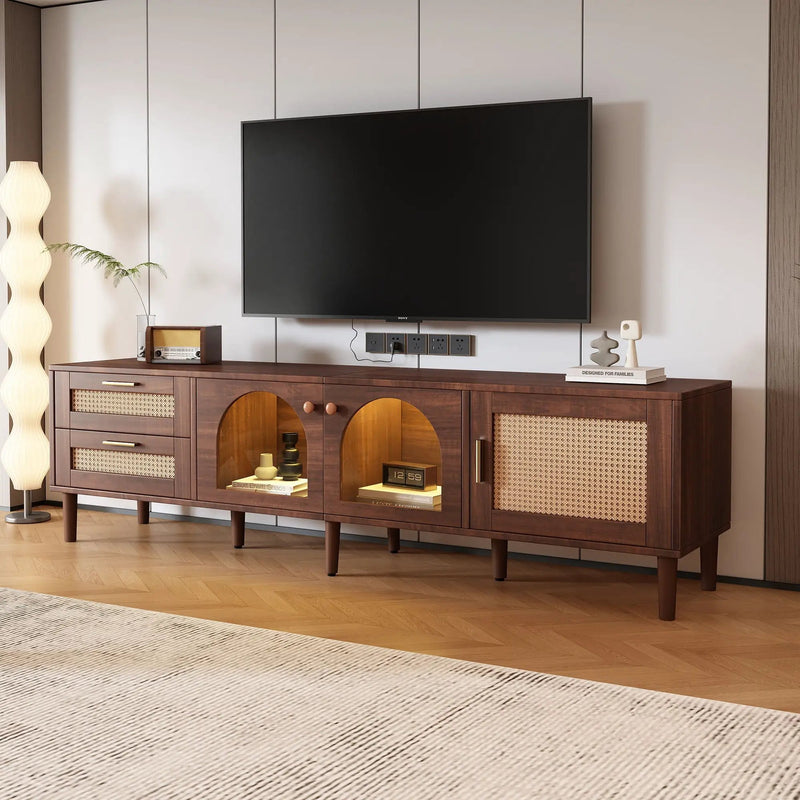 TV Stand With 3 Cabinets & 2 Drawers, LED Light Media Console For TVs Up To 80" - Dark Brown by HouseOfZazla