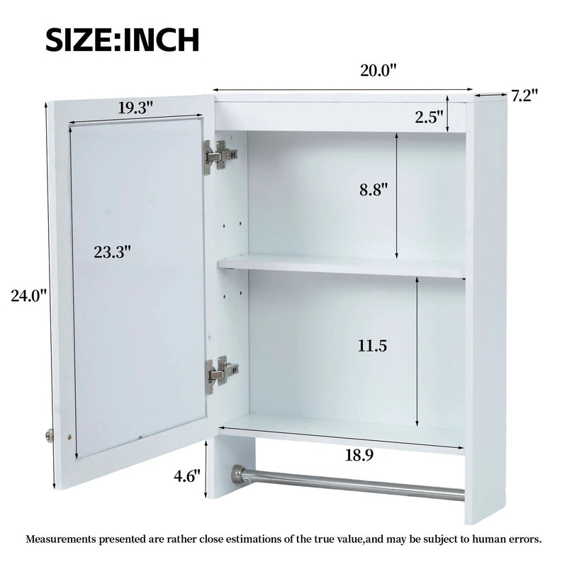 3 In 1 Wall Mounted Bathroom Mirror Cabinet With Adjustable Shelf, Soft Close Door, Mirror & Towel Bar - White by Unique Piece Furniture
